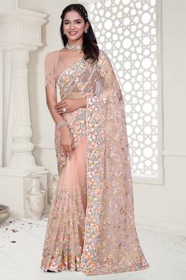 Peach Elegant sequin embroidered work net saree for women 1
