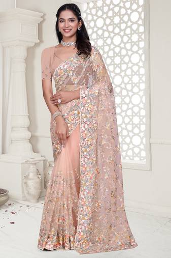 Peach Elegant sequin embroidered work net saree for women