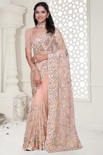 Peach Elegant sequin embroidered work net saree for women