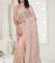 Peach Elegant sequin embroidered work net saree for women