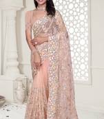 Peach Elegant sequin embroidered work net saree for women