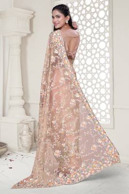Peach Elegant sequin embroidered work net saree for women 4