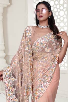 Peach Elegant sequin embroidered work net saree for women 5