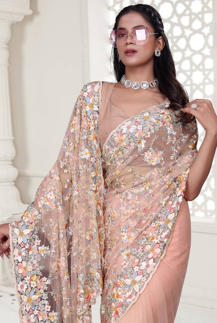 Peach Elegant sequin embroidered work net saree for women