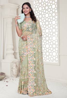 Green Elegant sequin embroidered work net saree for women 1