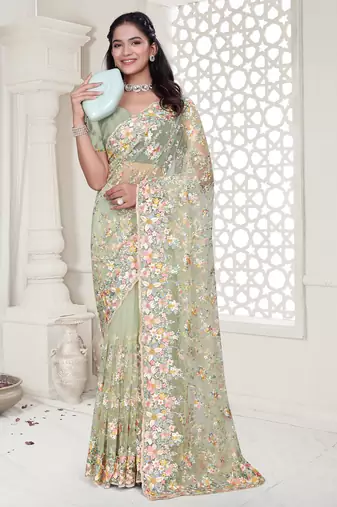 Green Elegant sequin embroidered work net saree for women