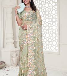 Green Elegant sequin embroidered work net saree for women