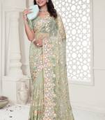 Green Elegant sequin embroidered work net saree for women