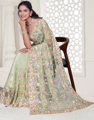Green Elegant sequin embroidered work net saree for women 2
