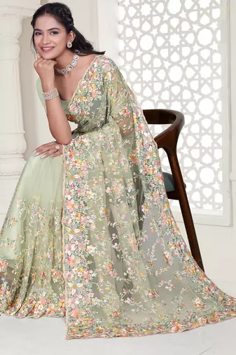 Green Elegant sequin embroidered work net saree for women