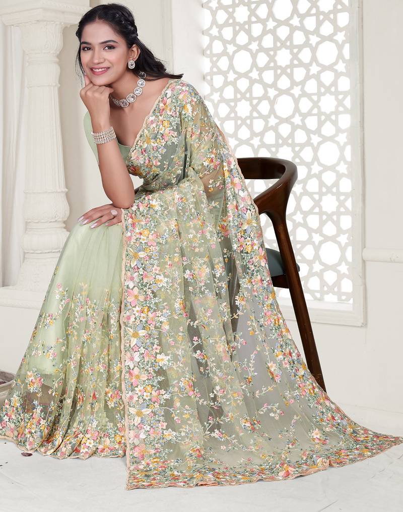Green Elegant sequin embroidered work net saree for women