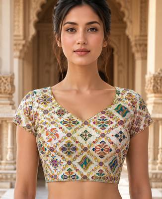 Women unstitched viscose blouse fabric with traditional printed ethnic designer pattern for saree blouse stitching 1