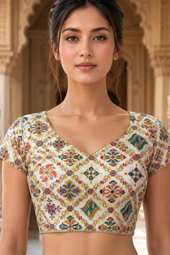 Women unstitched viscose blouse fabric with traditional printed ethnic designer pattern for saree blouse stitching