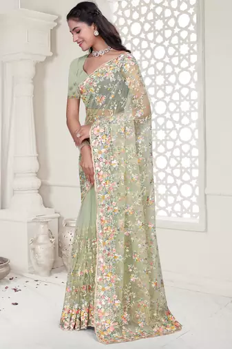 Green Elegant sequin embroidered work net saree for women