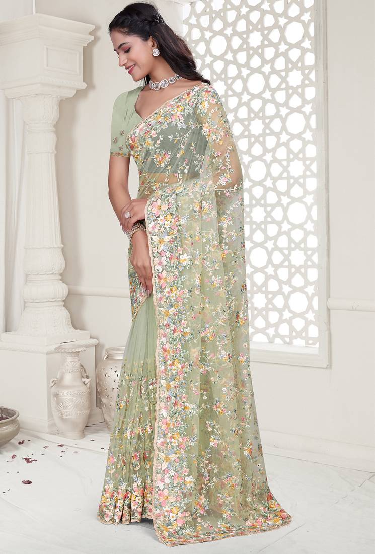 Green Elegant sequin embroidered work net saree for women