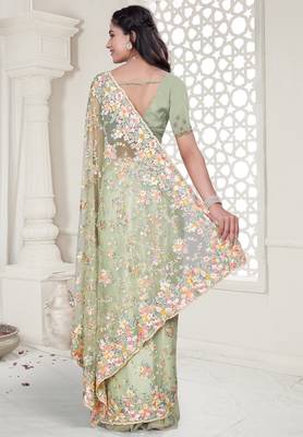 Green Elegant sequin embroidered work net saree for women 4