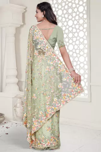Green Elegant sequin embroidered work net saree for women