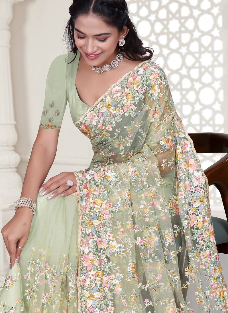 Green Elegant sequin embroidered work net saree for women