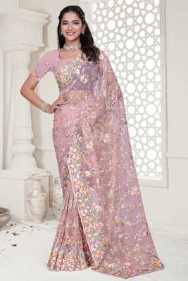 Pink Elegant sequin embroidered work net saree for women 1