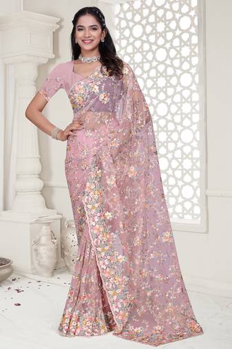 Pink Elegant sequin embroidered work net saree for women