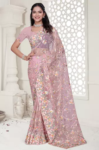 Pink Elegant sequin embroidered work net saree for women