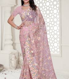 Pink Elegant sequin embroidered work net saree for women