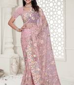 Pink Elegant sequin embroidered work net saree for women