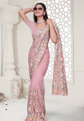 Pink Elegant sequin embroidered work net saree for women 2
