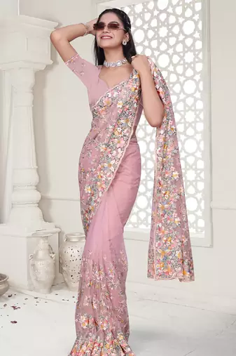 Pink Elegant sequin embroidered work net saree for women