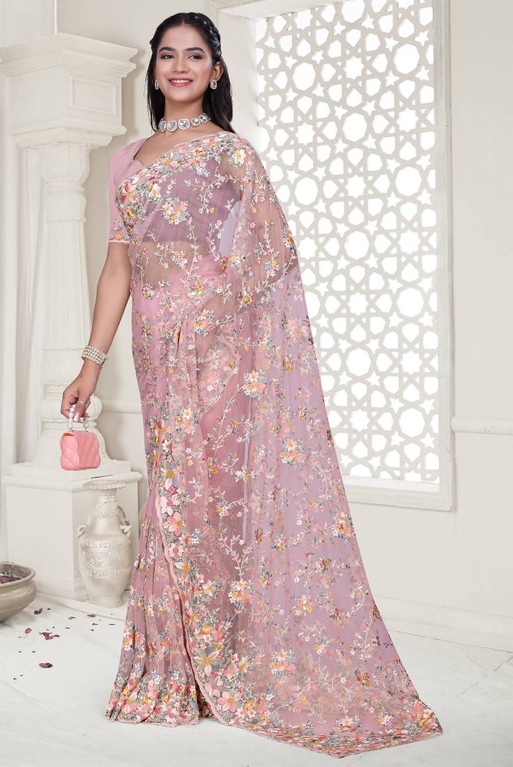 Pink Elegant sequin embroidered work net saree for women