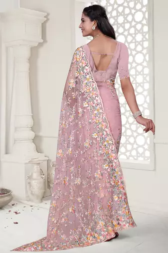 Pink Elegant sequin embroidered work net saree for women