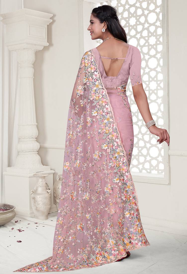 Pink Elegant sequin embroidered work net saree for women