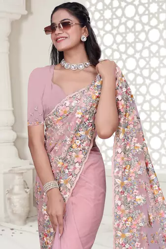 Pink Elegant sequin embroidered work net saree for women