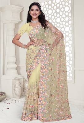 Yellow Elegant sequin embroidered work net saree for women 1