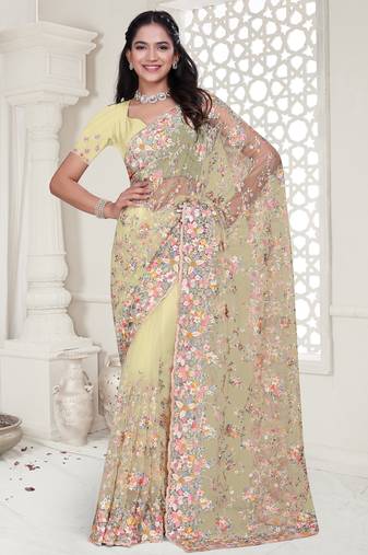 Yellow Elegant sequin embroidered work net saree for women