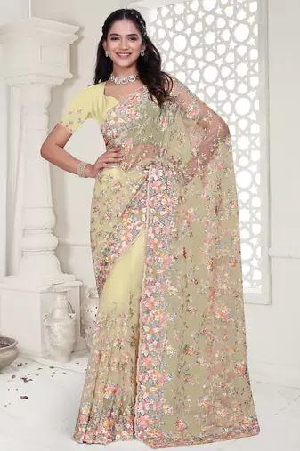 Yellow Elegant sequin embroidered work net saree for women