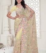 Yellow Elegant sequin embroidered work net saree for women