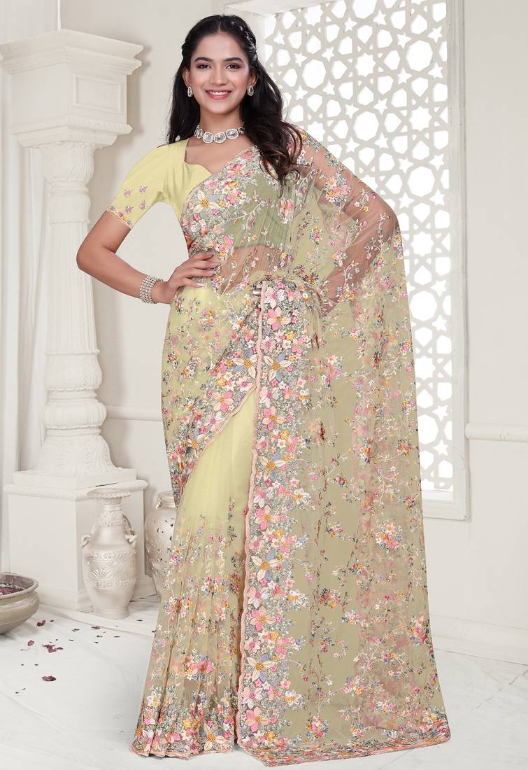 Yellow Elegant sequin embroidered work net saree for women