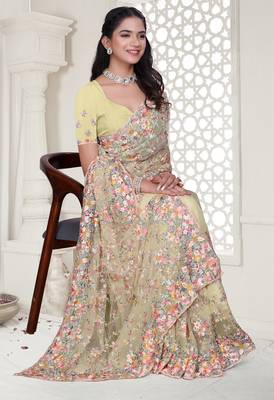 Yellow Elegant sequin embroidered work net saree for women 2