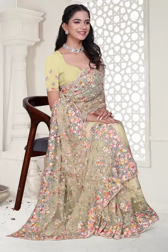 Yellow Elegant sequin embroidered work net saree for women
