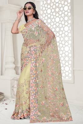Yellow Elegant sequin embroidered work net saree for women 3