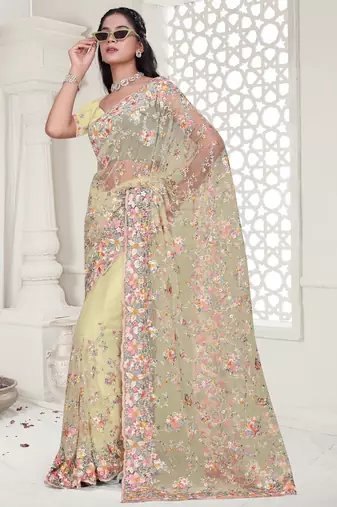 Yellow Elegant sequin embroidered work net saree for women