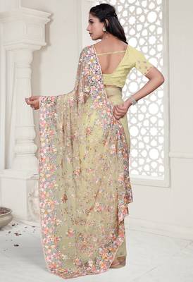 Yellow Elegant sequin embroidered work net saree for women 4
