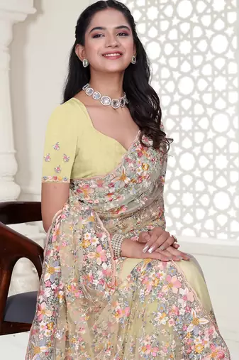 Yellow Elegant sequin embroidered work net saree for women