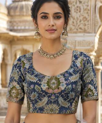 Premium embroidered unstitched viscose blouse fabric with floral & ornamental design 1
