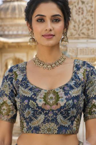 Premium embroidered unstitched viscose blouse fabric with floral & ornamental design