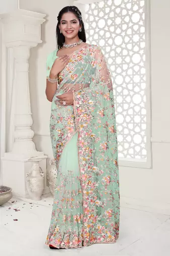 Sea green Elegant sequin embroidered work net saree for women