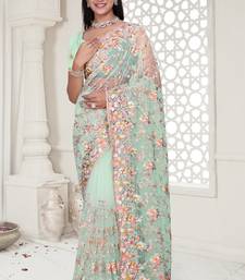 Sea green Elegant sequin embroidered work net saree for women