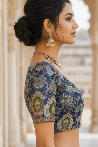 Premium embroidered unstitched viscose blouse fabric with floral & ornamental design