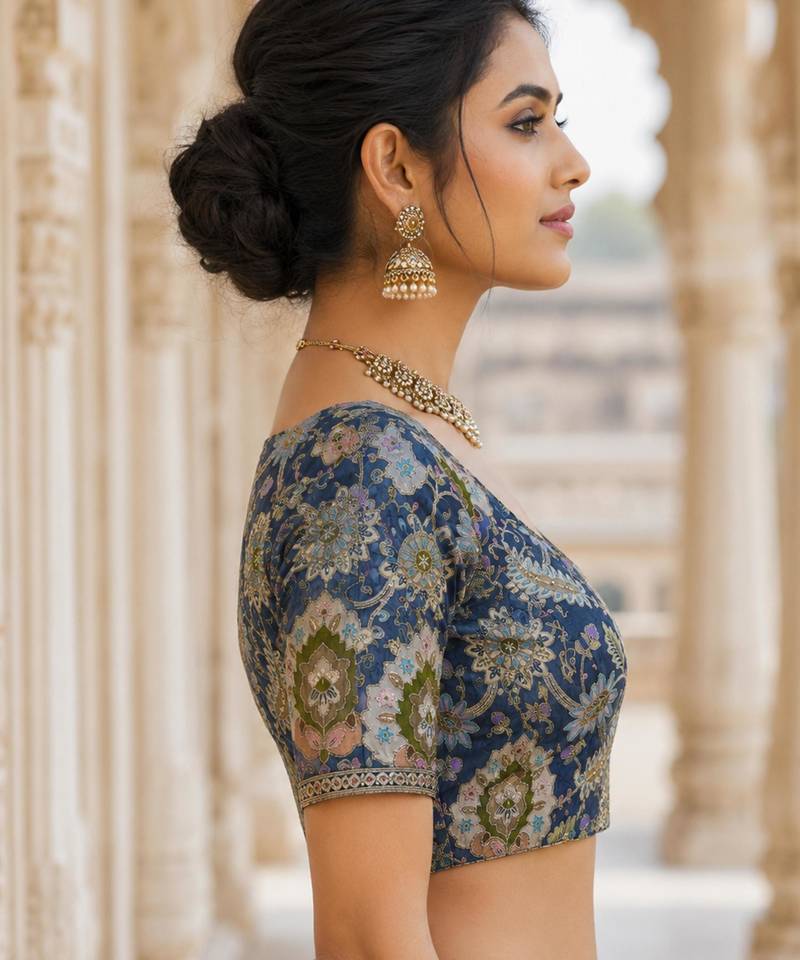 Premium embroidered unstitched viscose blouse fabric with floral & ornamental design